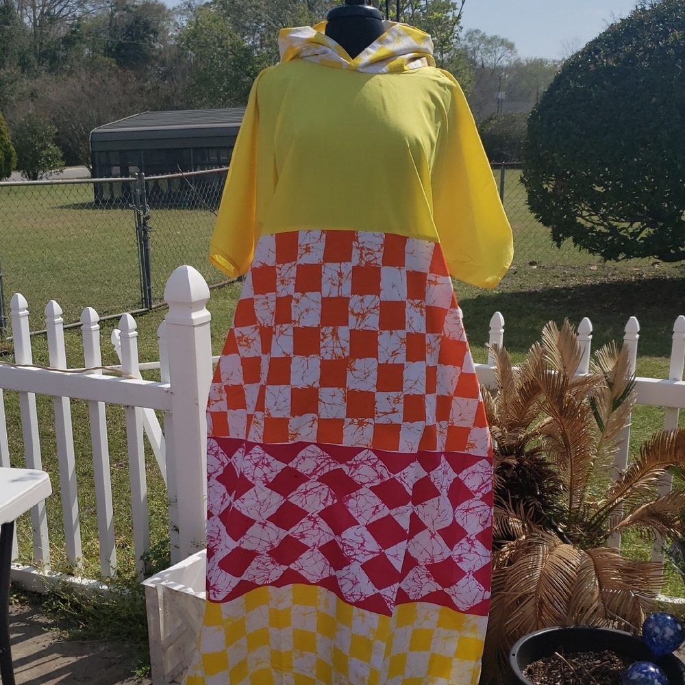 Vibrant Yellow and Red Patchwork Maxi Dress